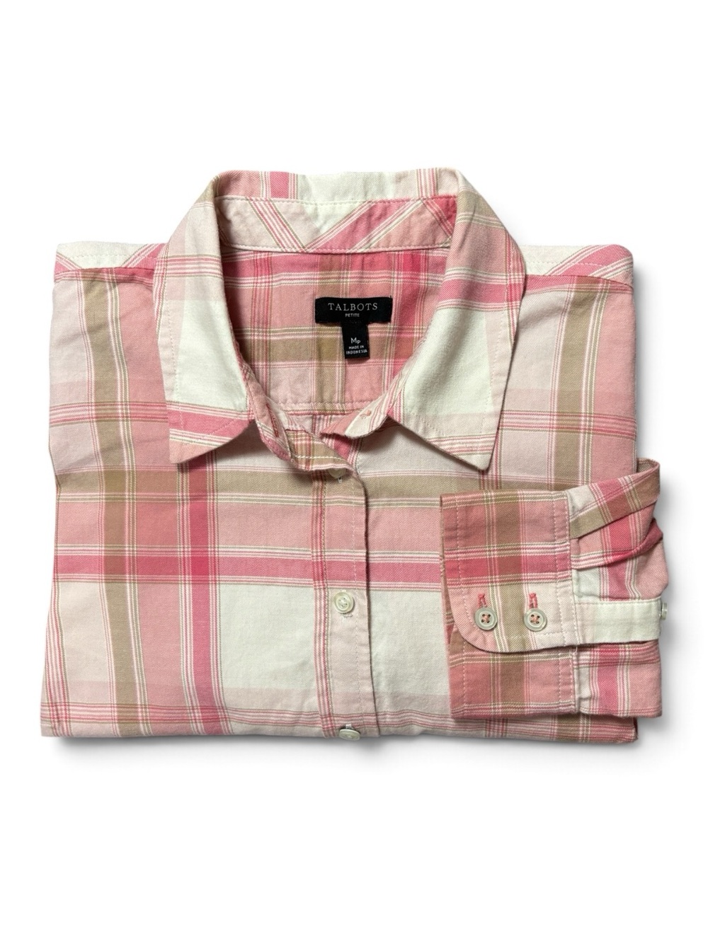 Talbots Soft Brushed Cotton Pink Plaid Button-Down Long Sleeve Shirt Size MP